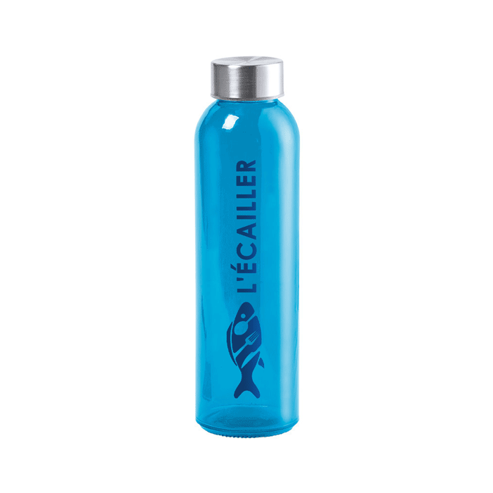 A water bottle that is made from crystal and is BPA-Free. It also comes with a stainless steel cap. 550ml - Guildford 