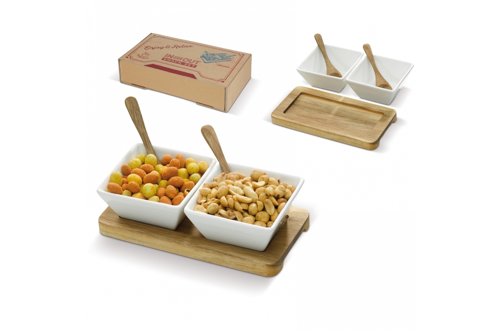 Ceramic Bowls with Spoons and Acacia Wood Tray Set - Altcar