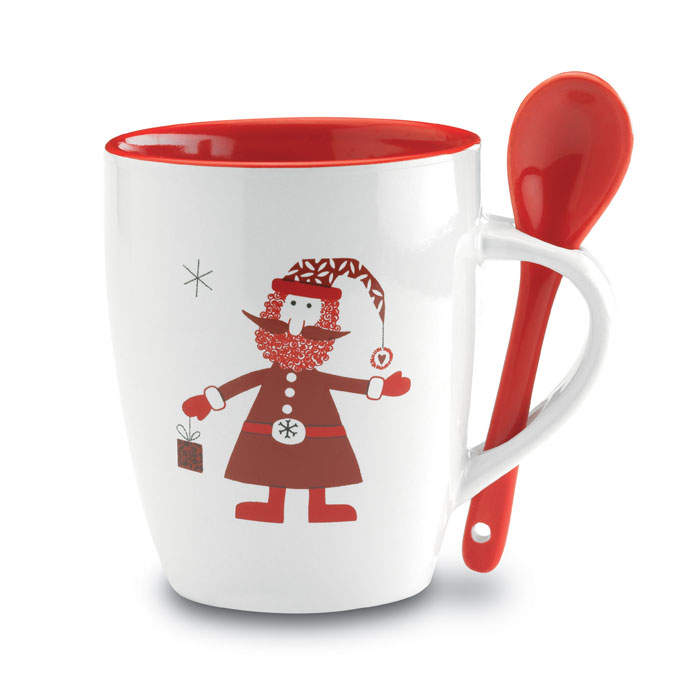 Santa Claus Decorated Ceramic Mug with Integrated Spoon - Lye Green