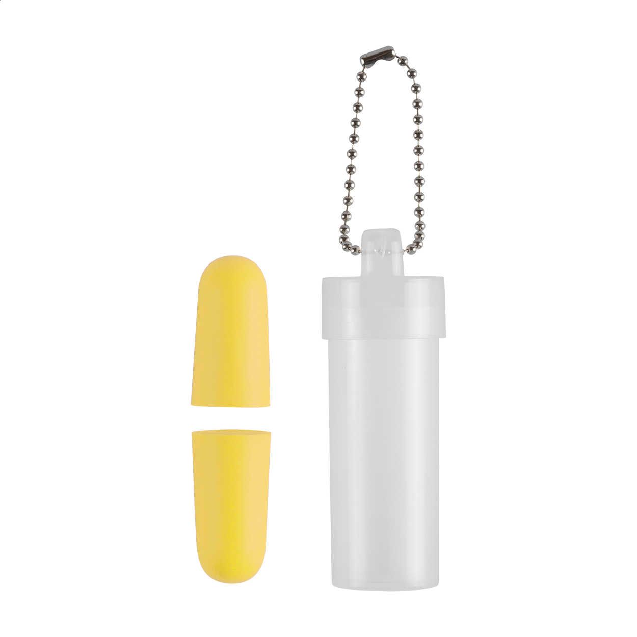 Plux farbige EVA-Ohrstöpsel in transparenter Dose mit Kette und Logo bedrucken mit Logo