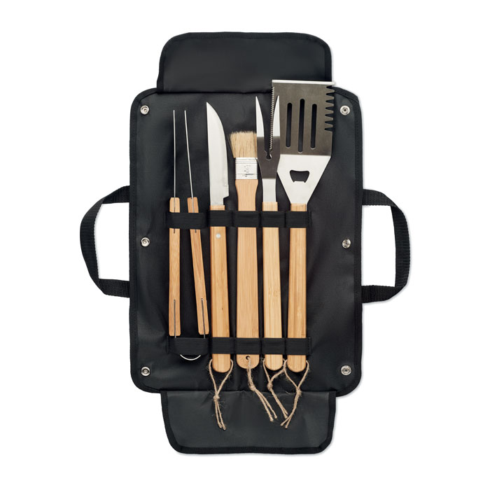 5-Piece Stainless Steel BBQ Tool Set with Wooden Handle and Waxed Canvas Pouch - Allertonby-Wolds