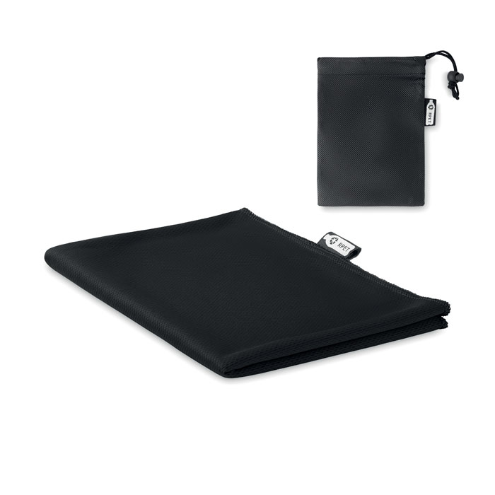 A sports towel made from RPET material with high absorbency, includes a mesh bag for storage and transport. - Harby