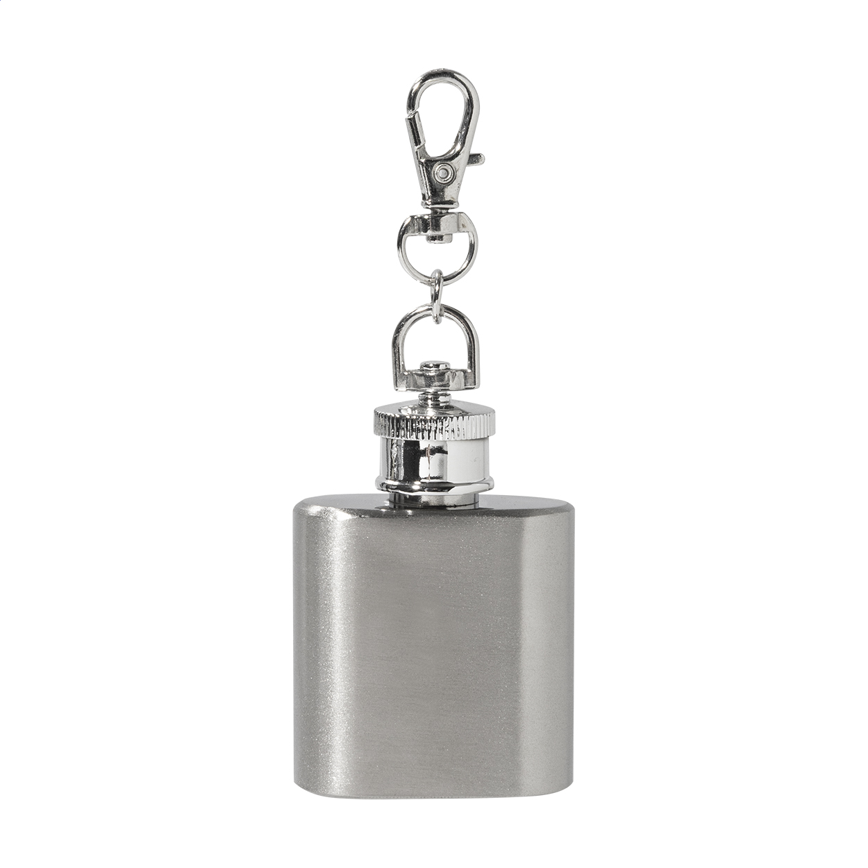 Bering recycled stainless steel mini hip flask keyring with logo, 30 ml