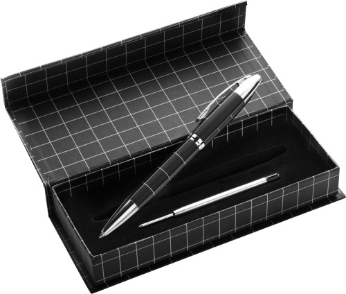 A ballpoint pen made of metal and coated with lacquer, comes with a luxurious carrying case and an extra refill. - Bardon