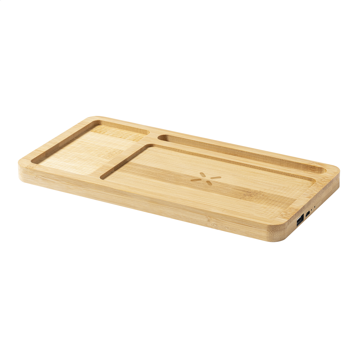 Flabo Plus bamboo desk organiser with 15W wireless charger and logo
