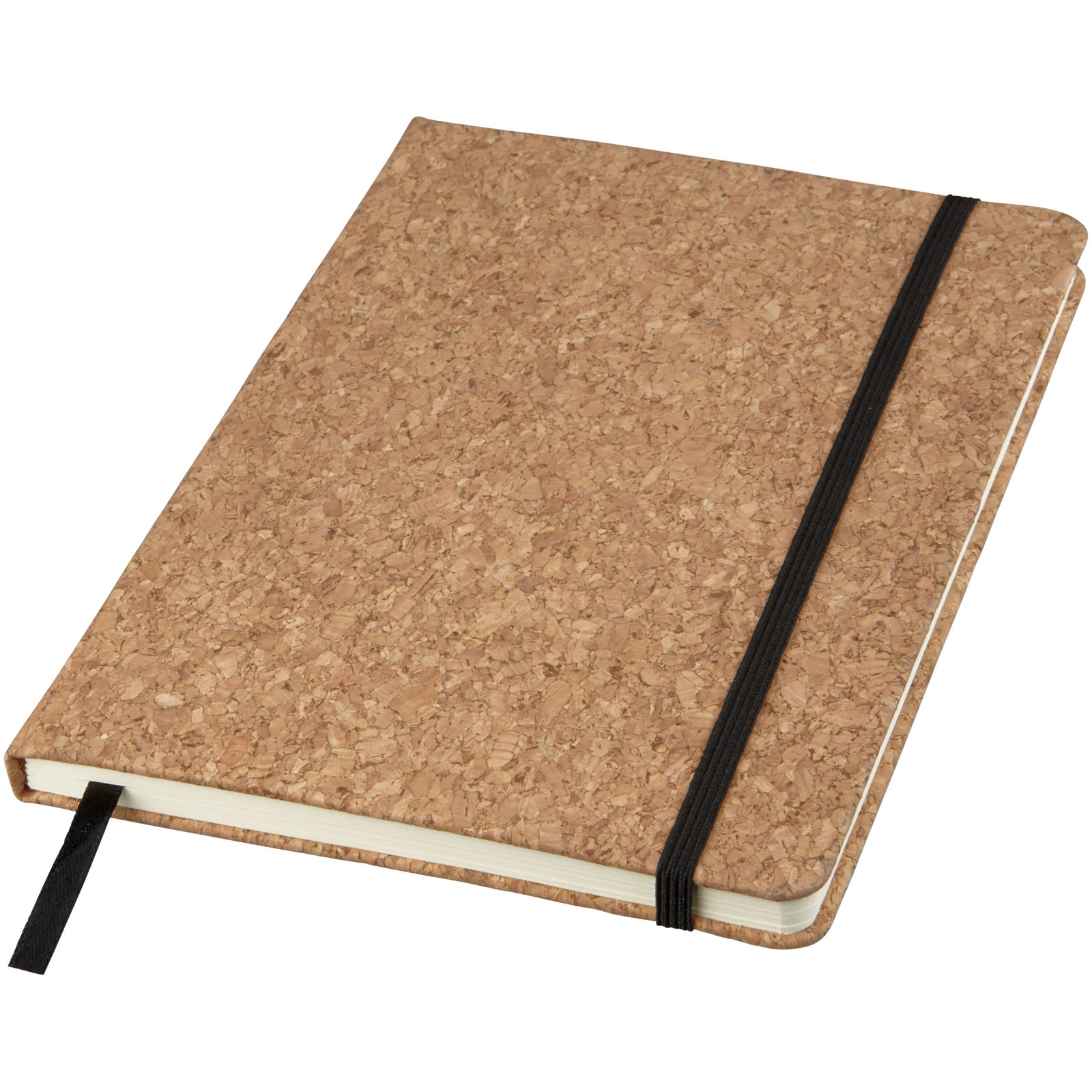 A notebook with an A5 cork cover, featuring a black elastic closure and ribbon bookmark. - Pontefract