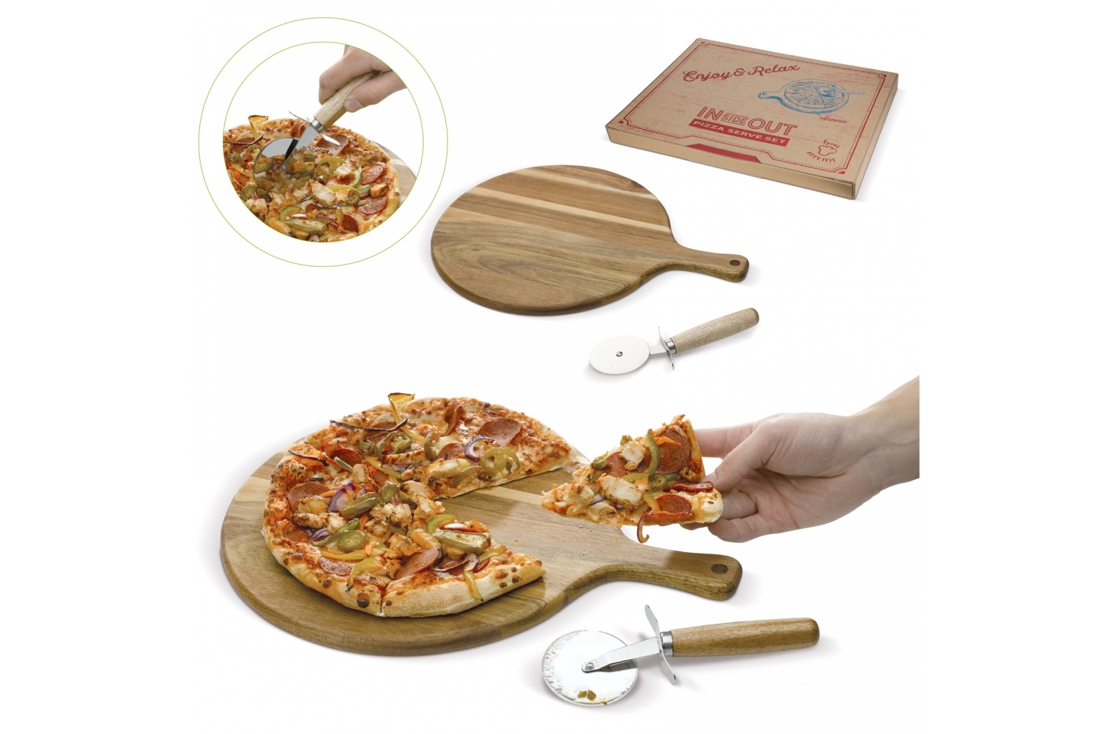 Acacia Wood Pizza Cutting Board with Slicer - Lye Green
