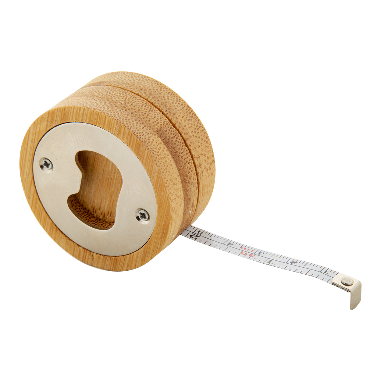 Meaboo runder Bambus-Flaschenöffner mit 1 m Maßband und Logo bedrucken mit Logo