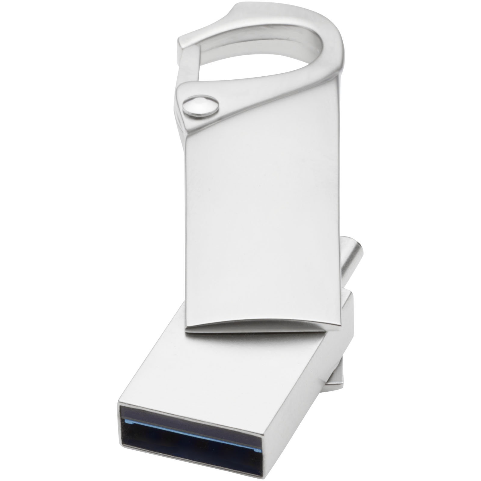 A metallic USB 3.0 stick featuring a Type C connector and a carabiner - manufactured by Great Moulton. - Liss