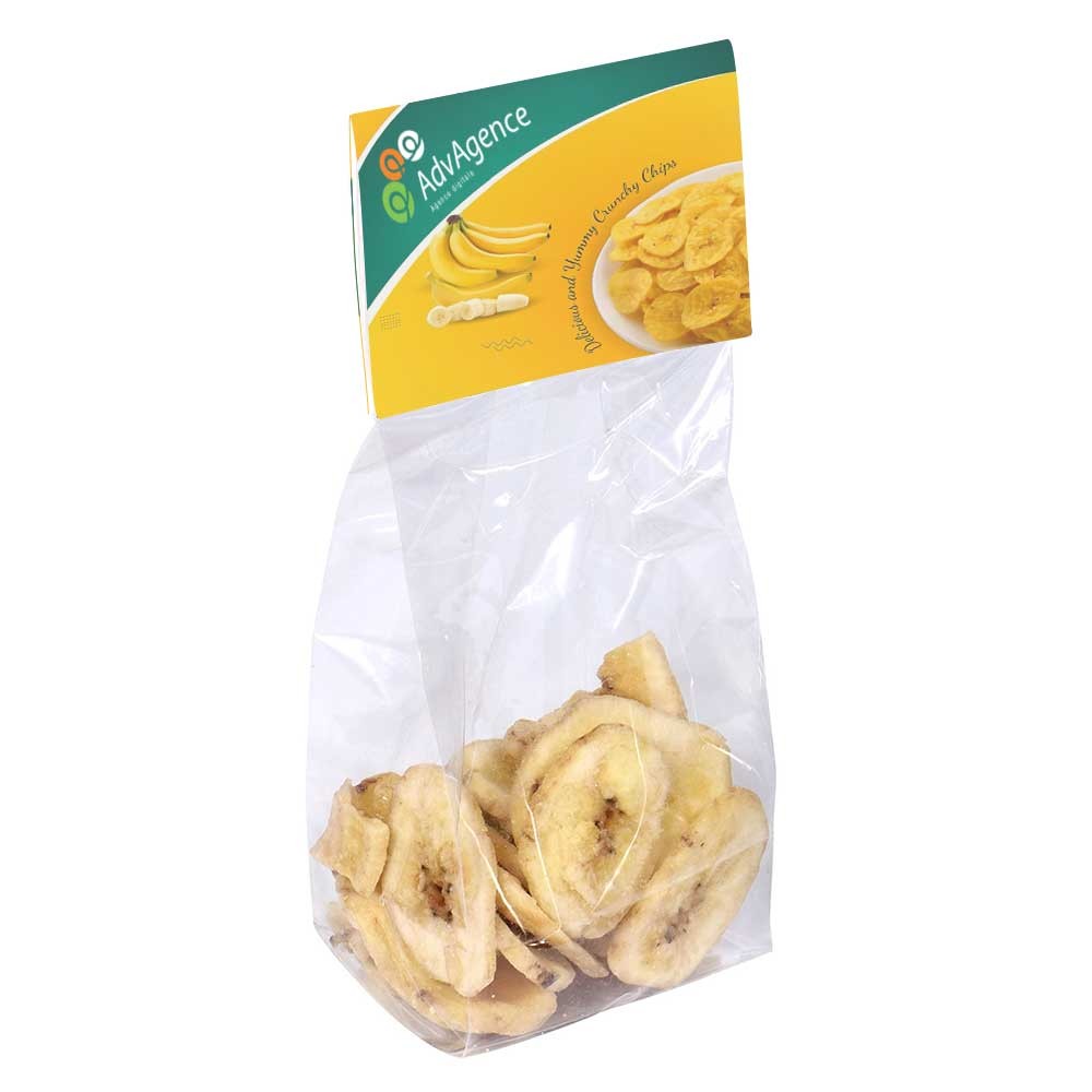 Transparente Tasche mit vollfarbig bedruckter Kopfkarte, gefüllt mit ca. 40 g Bananenchips - Sankt Johann im Pongau bedrucken mit Logo