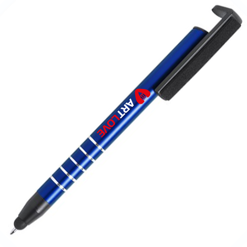 A multi-purpose ballpoint pen that also functions as a mobile device holder and screen cleaner. - Barford