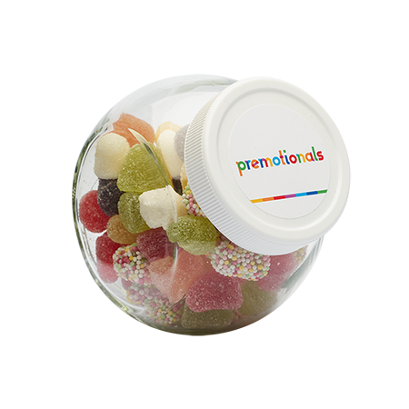 A 395ml candy jar that comes with a white plastic lid and a full-color label. - Ebbsfleet