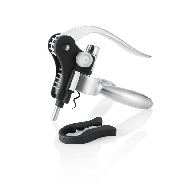 Corkscrew with aluminum lever mechanism, including a foil cutter and a plaque reviewing wine regions - Cwmbran