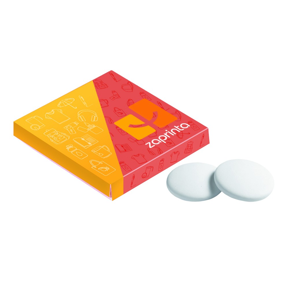 Quadratische personalisierbare Schachtel mit 4 Pfefferminzbonbons.