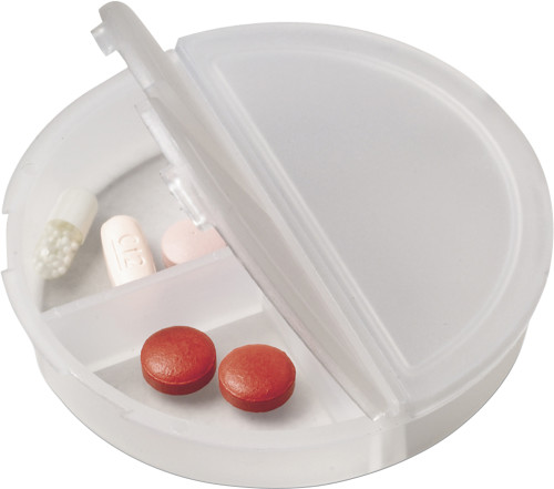 A plastic pill box featuring three compartments. This product is made in Bishop's Stortford. - Barrow-in-Furness