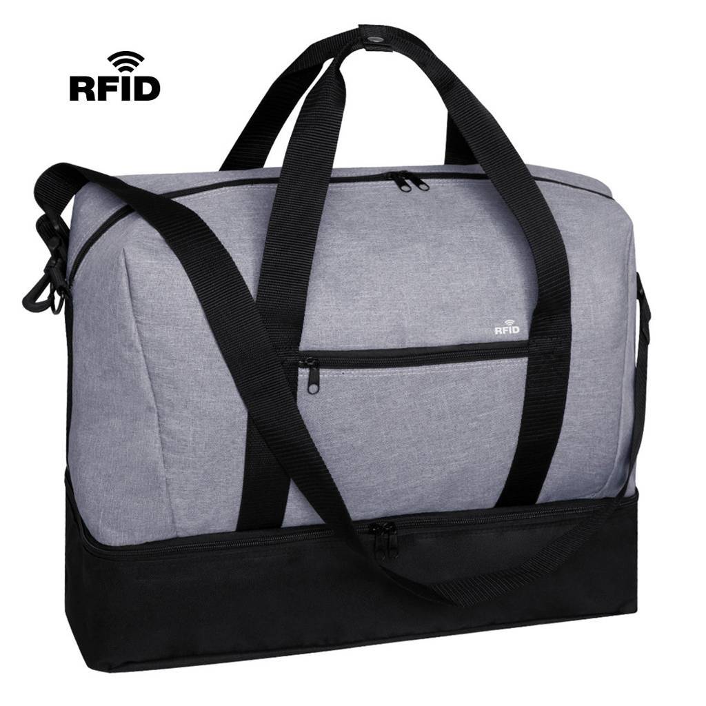 A versatile bag made from denim polyester, featuring an RFID pocket and a separate compartment for shoes. - Overton