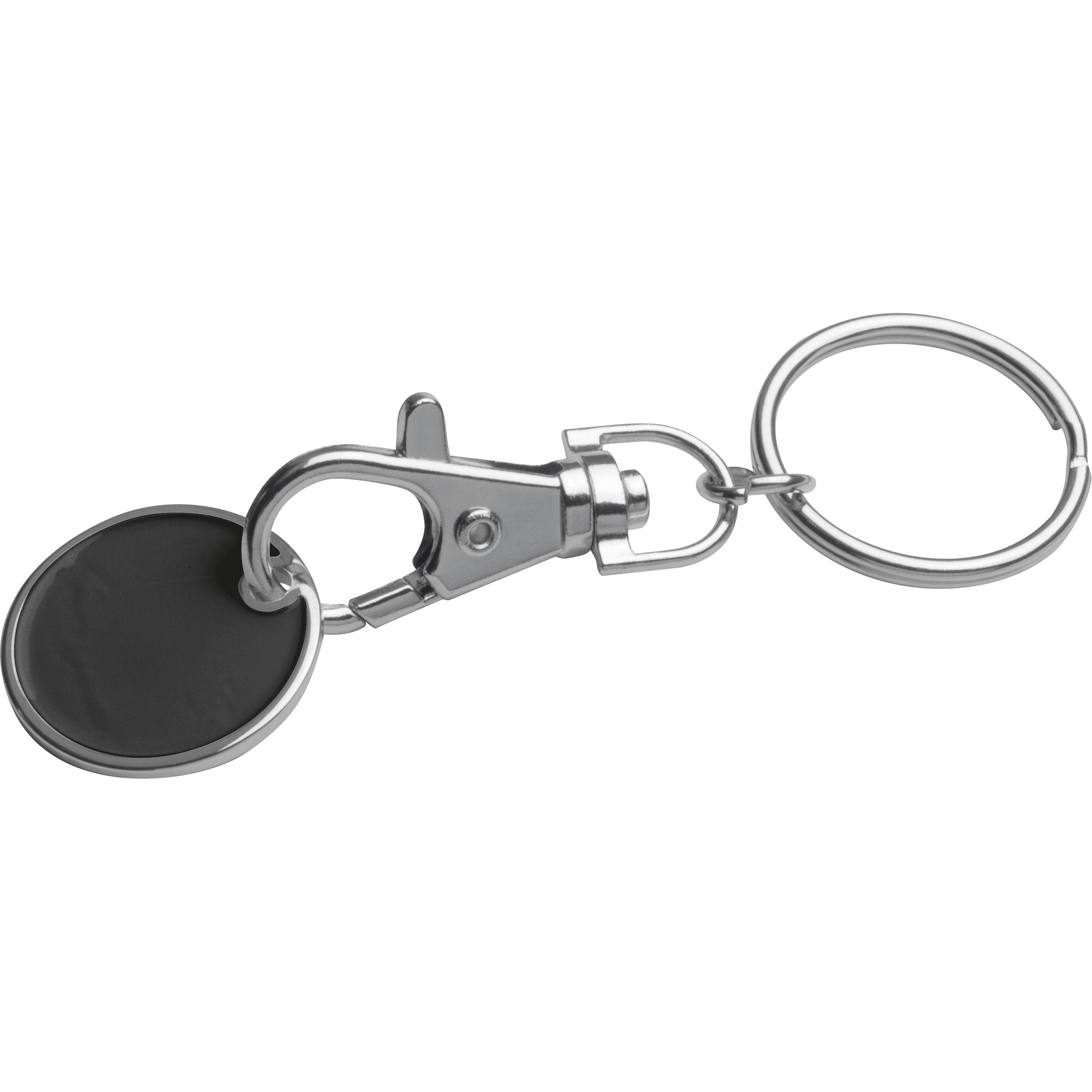A metal keyring featuring a logo engraving, snap hook, and shopping coin - Llanfairpwllgwyngyllgogerychwyrndrobwllllantysiliogogogoch - Fowey