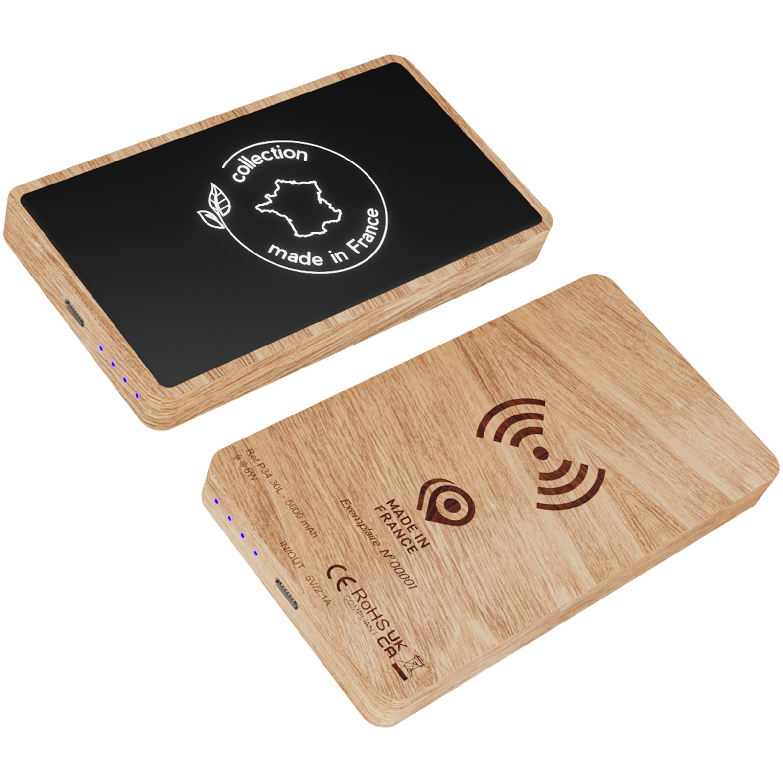5000 mAh Wooden Power Bank with Wireless Charging and Light-Up Logo - Upham