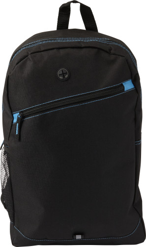 A polyester backpack with a zippered front pocket, a side pocket made of mesh and an opening for headphones. It also has padded shoulder straps that are adjustable for comfort - Little Snoring - New Brighton