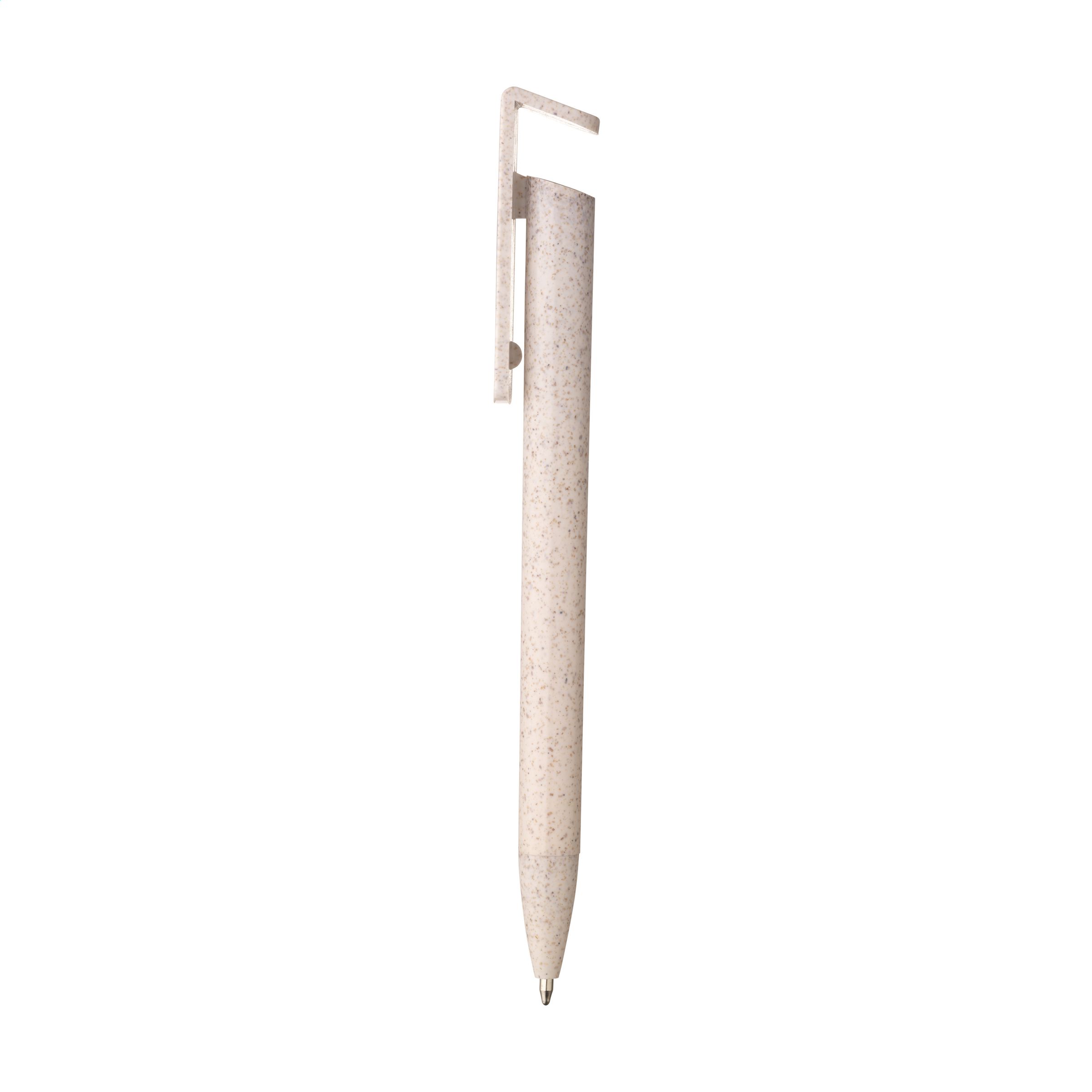A ballpoint pen which uses blue ink, made from wheat waste, and includes a phone stand. - Liss