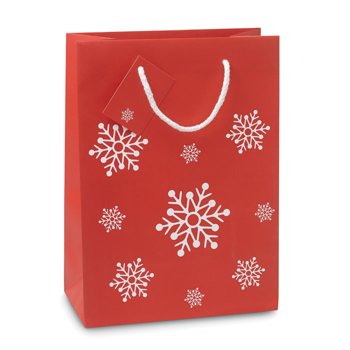 A medium-sized gift paper bag with a snowflake pattern and a tag - Hanley