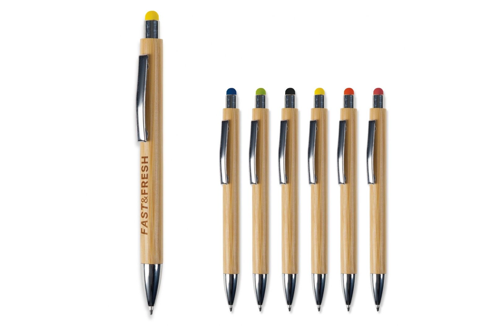 A ballpoint pen made out of bamboo material that features a metalized pusher and a touchscreen stylus - Didsbury