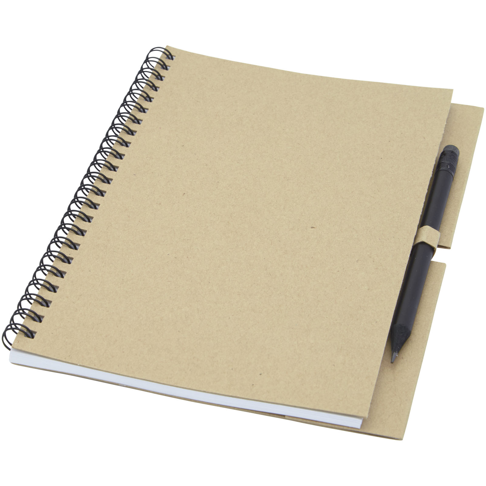 A notebook with a cover made from recycled paper, featuring a Wire-O binding with an included pencil. - Abbeyfield