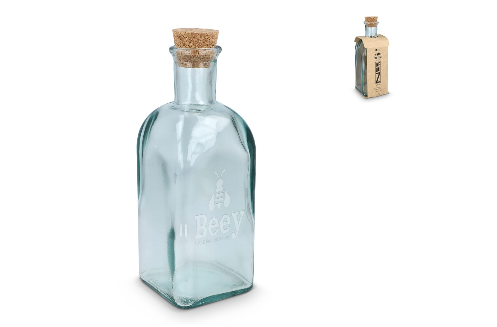 InSideOut Square Recycled Glass Water Bottle ReuuZ with Cork Stopper 500ml