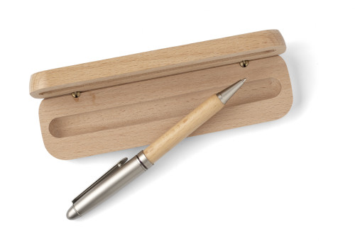 A pen made of beechwood and metal, accompanied by a case for storage - Girvan