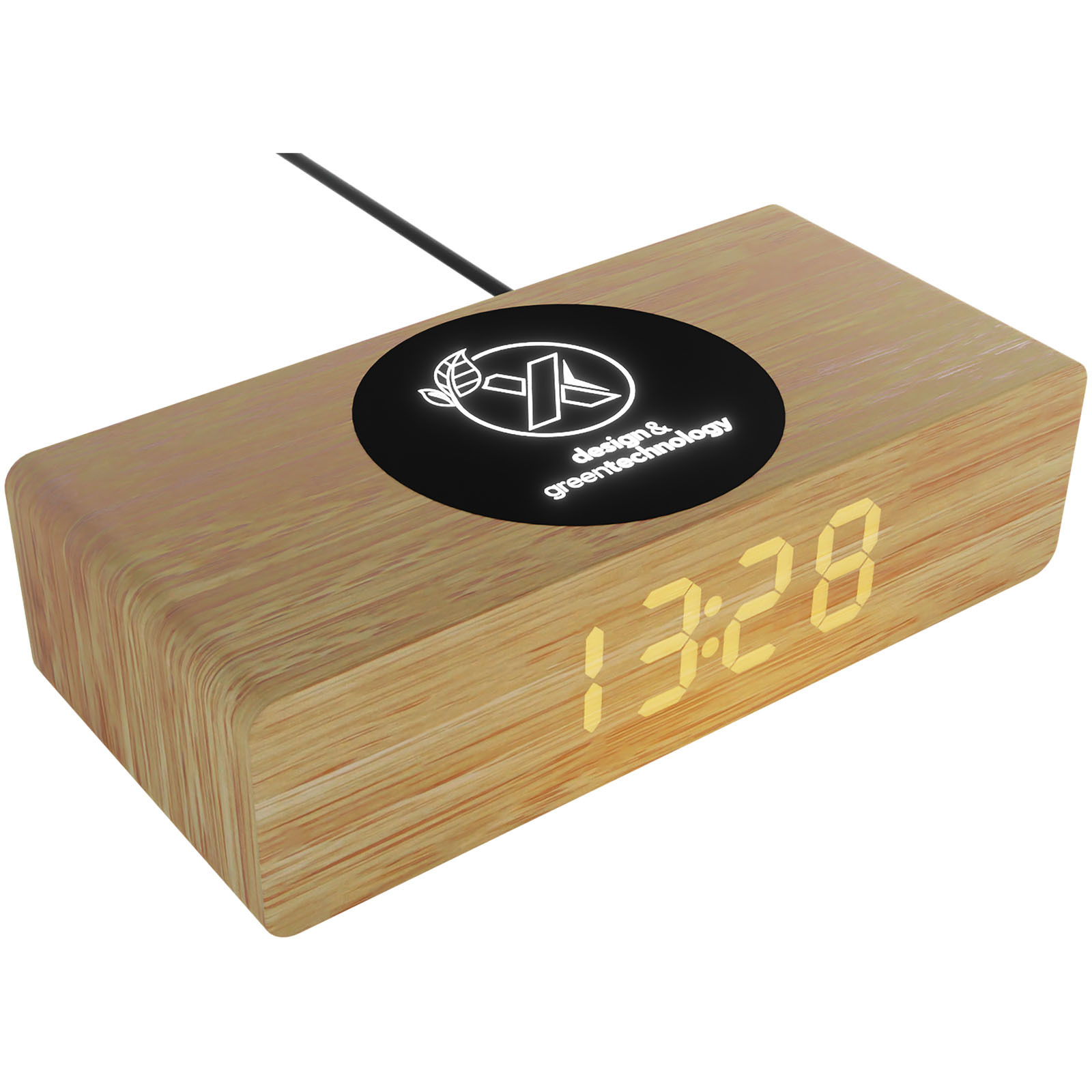 A 10-watt wooden wireless charging station that includes a time and temperature display, as well as a light-up logo. - Ilford