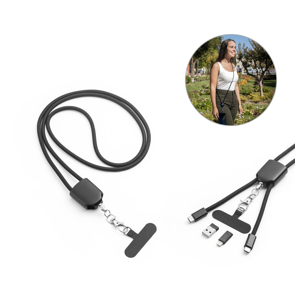 ZEWAIL. Schlüsselband mit mitgeliefertem Smartphone-Halter, USB-C-Kabel und verschiedenen Adaptern aus recyceltem ABS und recyceltem TPE.