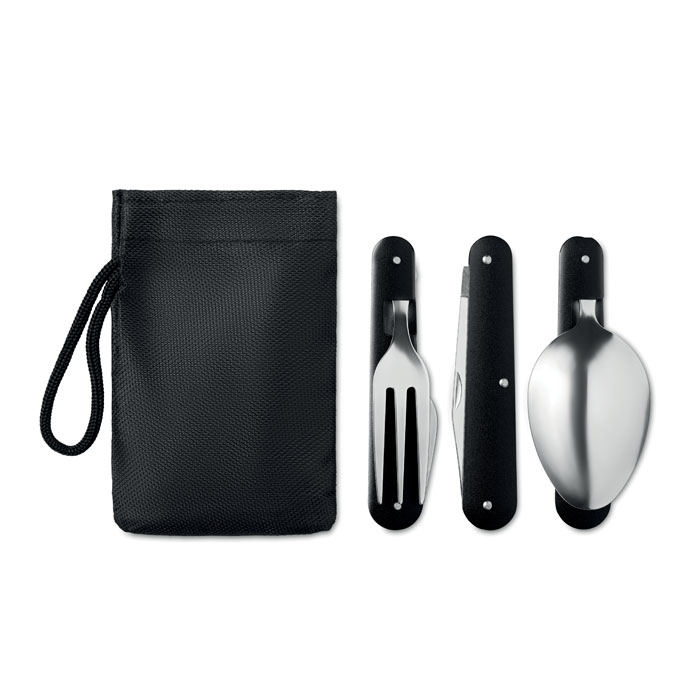 A set of stainless steel camping cutlery with aluminum handles - Bebington