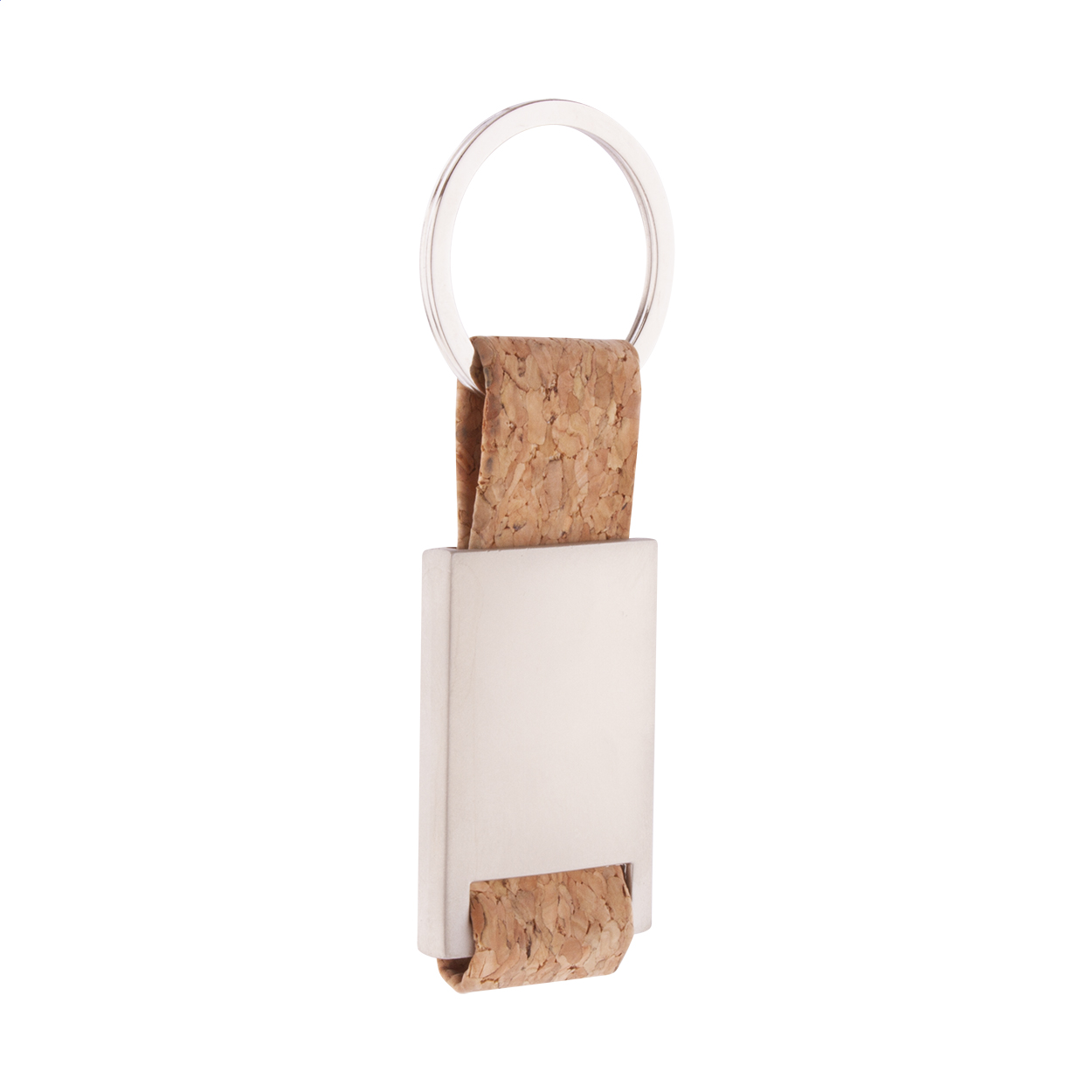Cortica rectangular metal keyring with natural cork strap and logo printed with logo