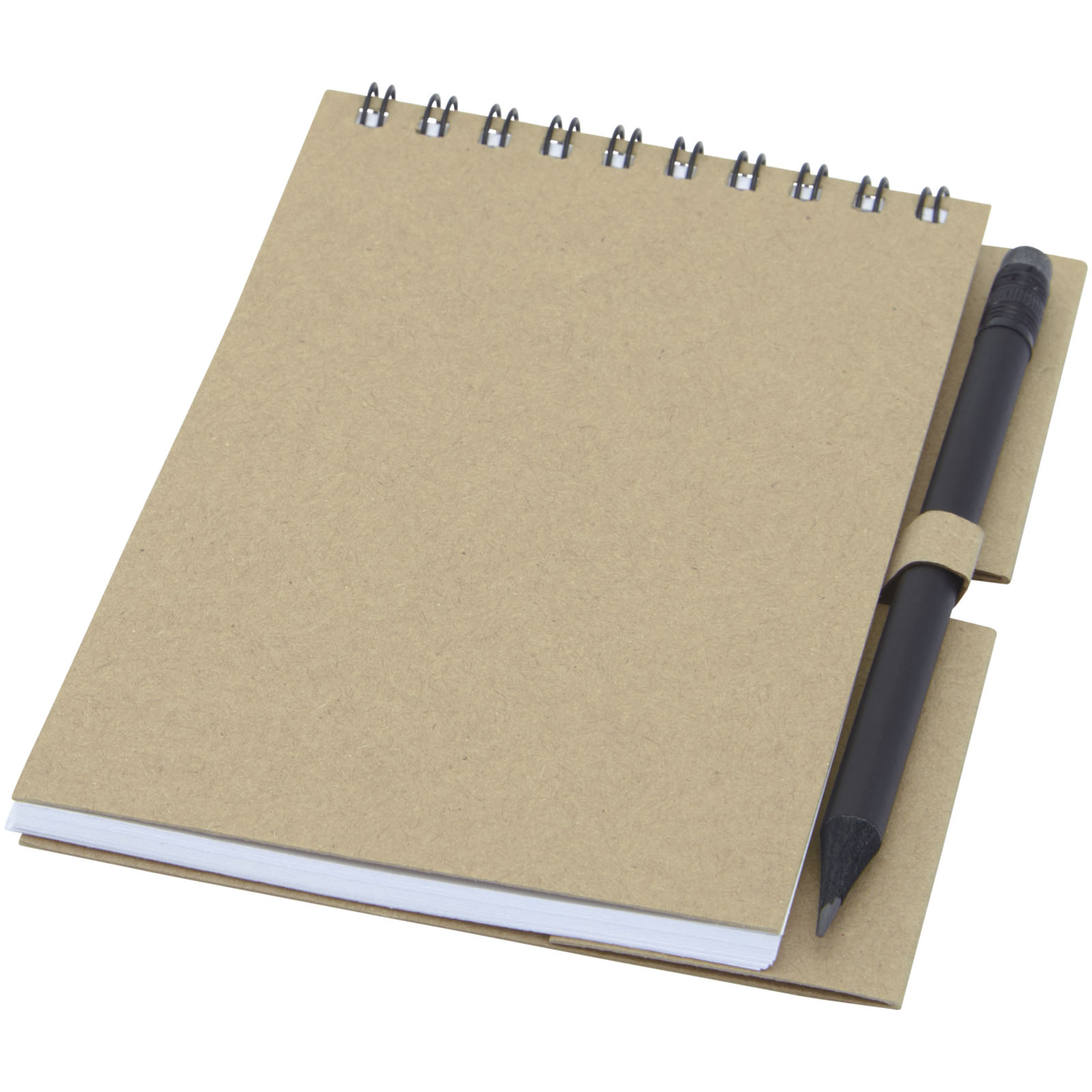A notebook with a cover made of recycled paper and Wire-O binding, accompanied by a black pencil. - Bromsgrove