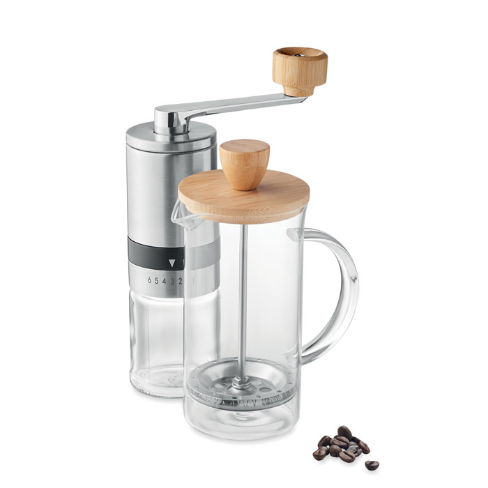 Coffee set made of glass and stainless steel, accompanied by a manual ceramic coffee grinder - Fleckney