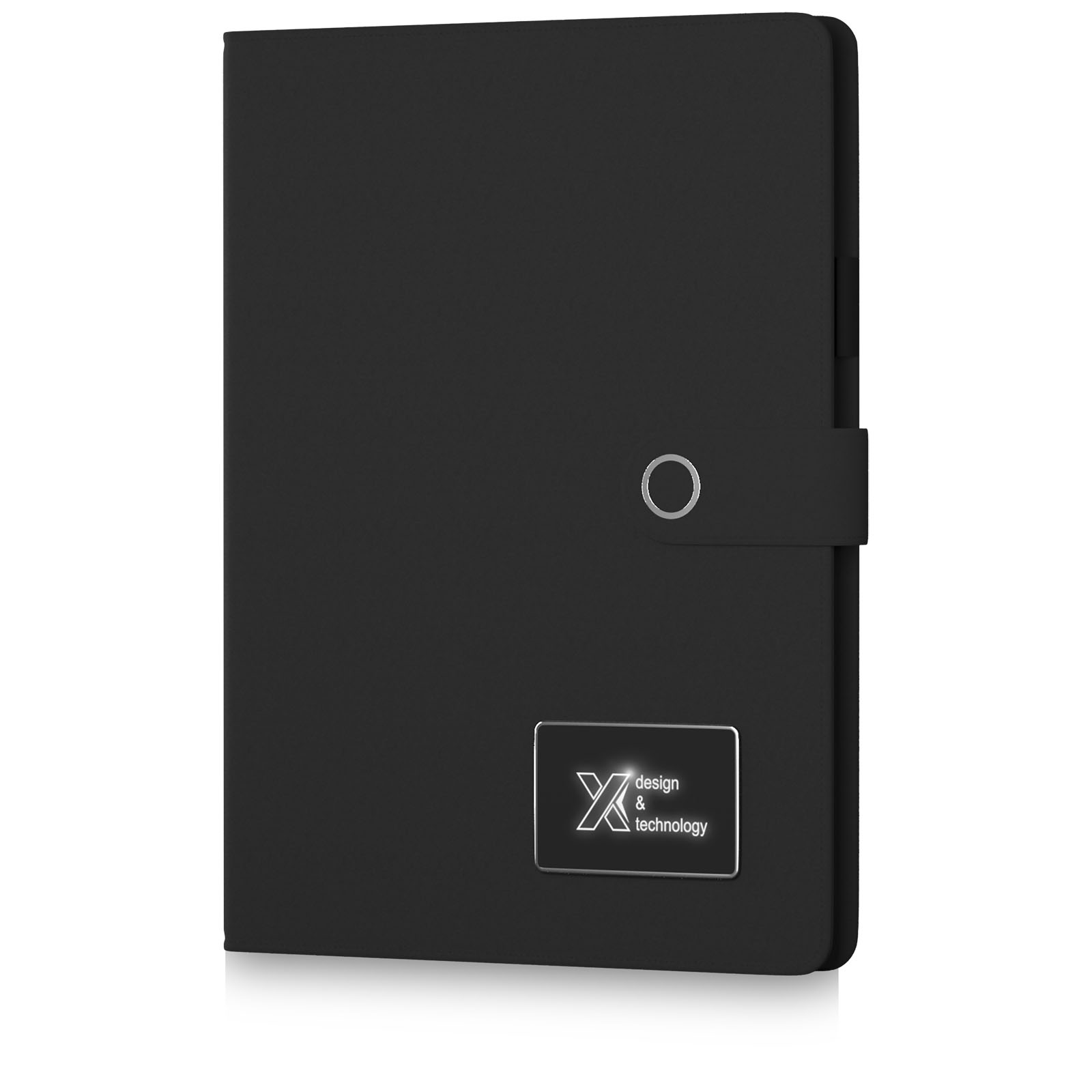 A notebook with a glowing logo, an included power bank for charging devices, and a built-in cable - Oakthorpe