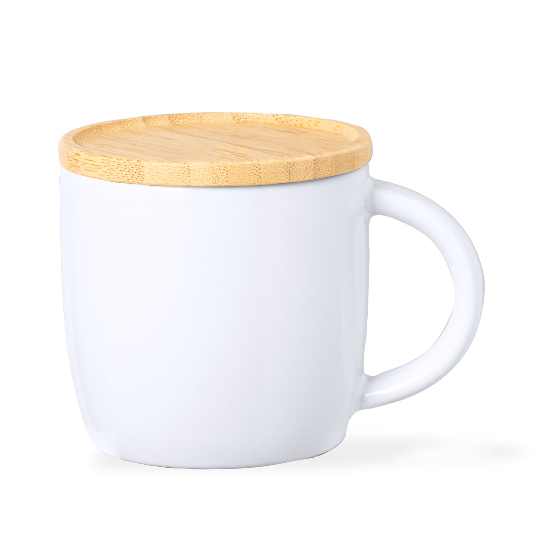 Zenara Keramiktasse 350 ml mit Bambusdeckel, mit Logo bedrucken mit Logo