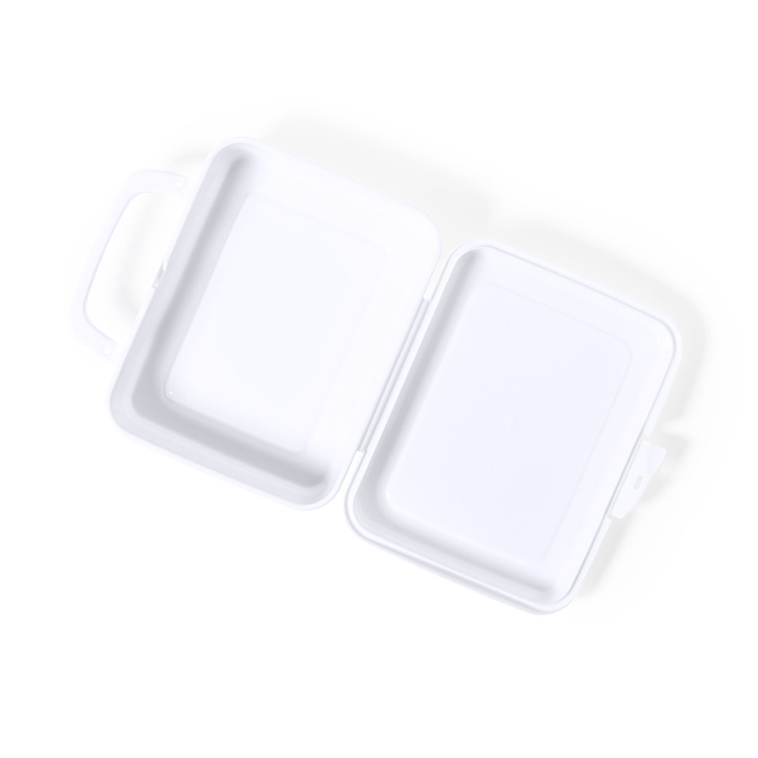 This is a white square lunch box made of Polypropylene (PP), with a 1-liter capacity. It features a handle for easy carrying and a safety lock to secure your food. - Bridlington