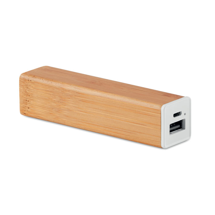 A 2200mAh power bank encased in bamboo, including a USB cable and a Type C connector - Fontmell Magna