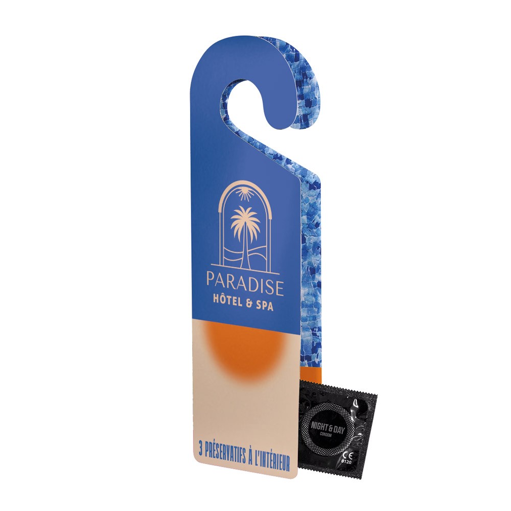 A dual-door hanger with a single condom enclosed, accredited by ISO04074:2015 and CE0120 - Headcorn - Romford