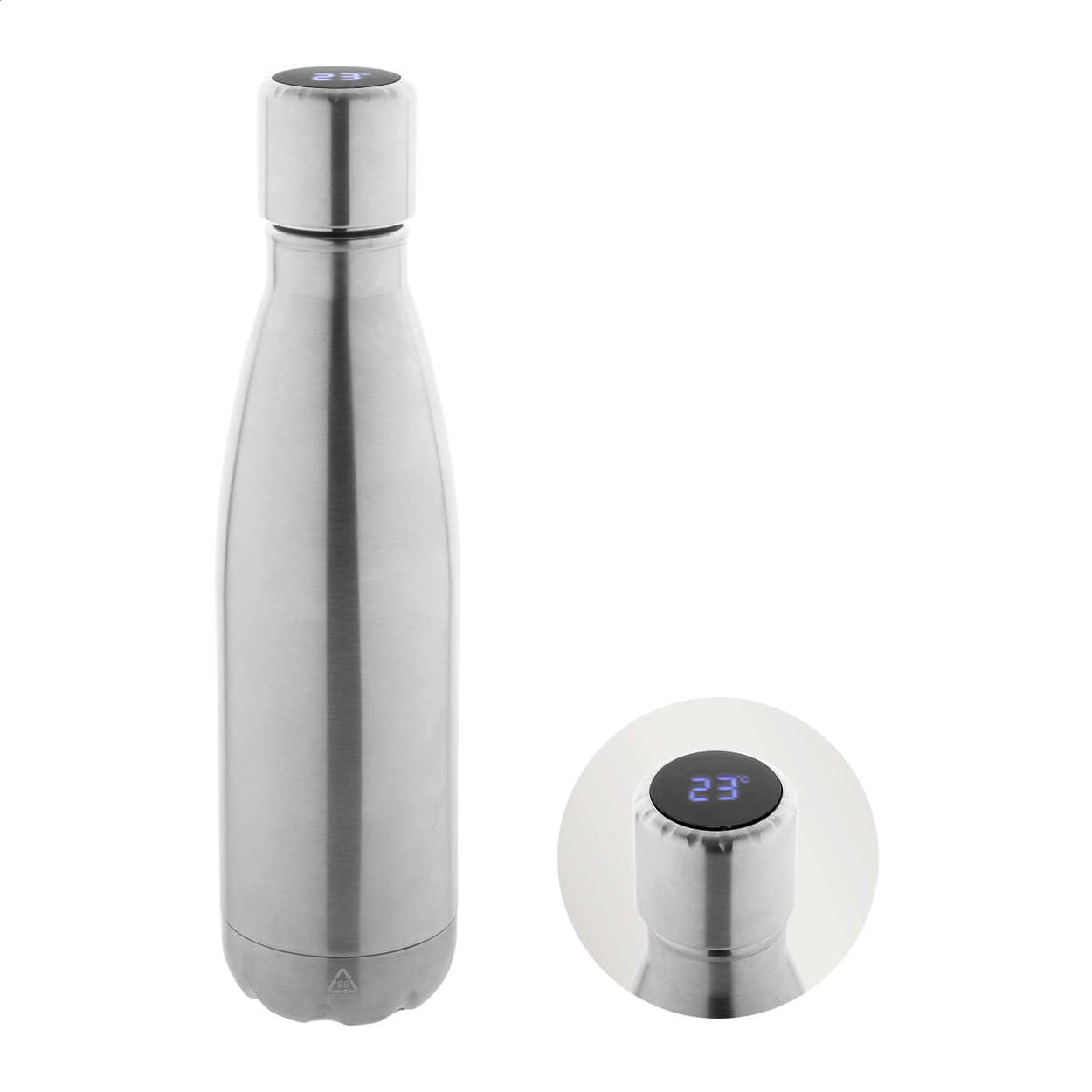 Reverest recycled steel insulated bottle with LED thermometer, 500 ml, logo