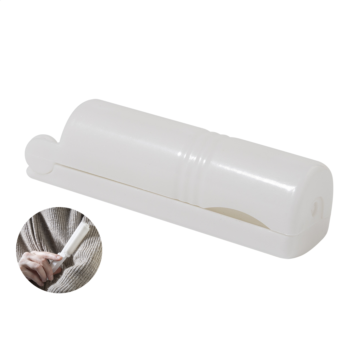 Fluffy reusable lint roller in recycled PP case with logo