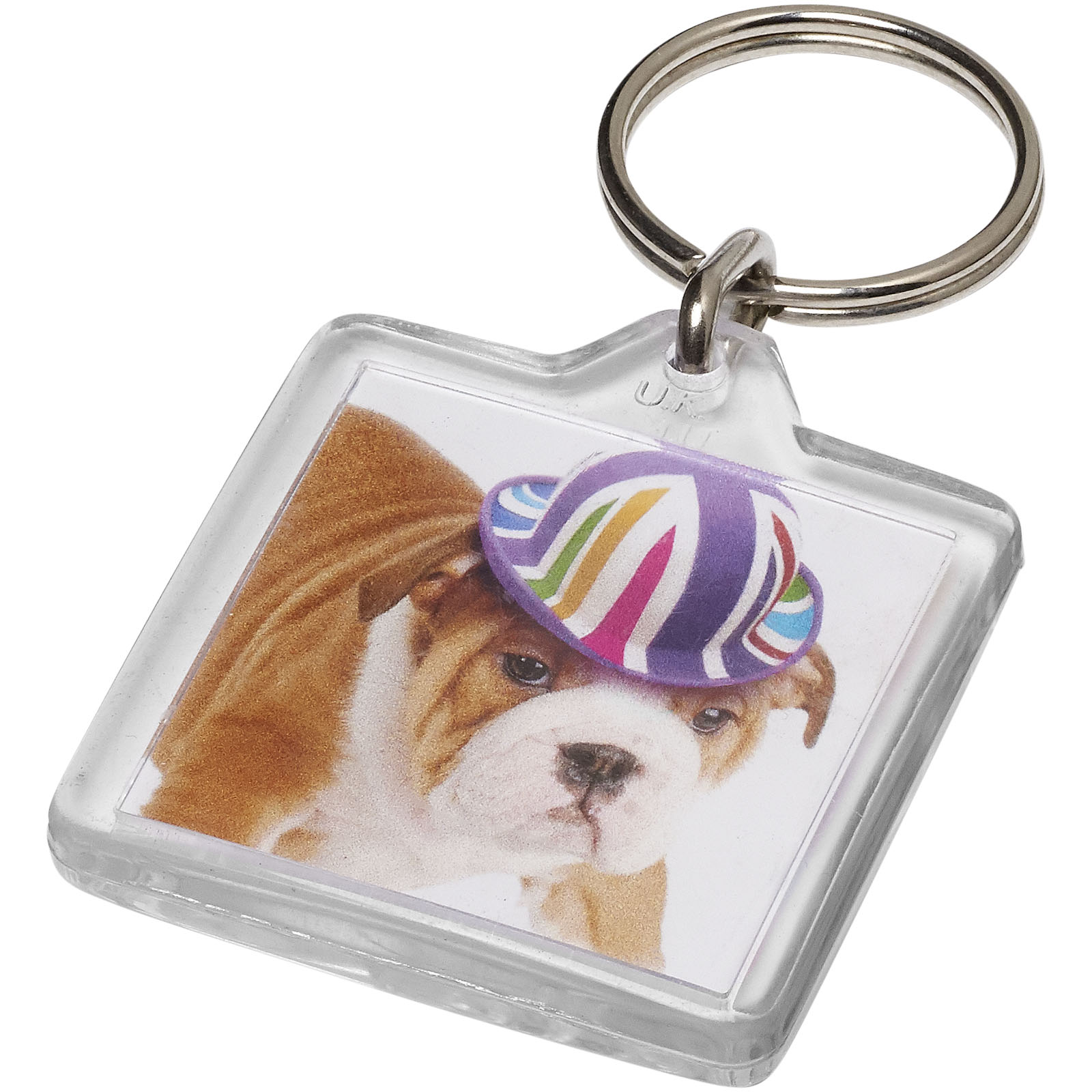 This is a clear square keychain that comes with a metal split keyring. It's named 'Brixham'. - Battersby