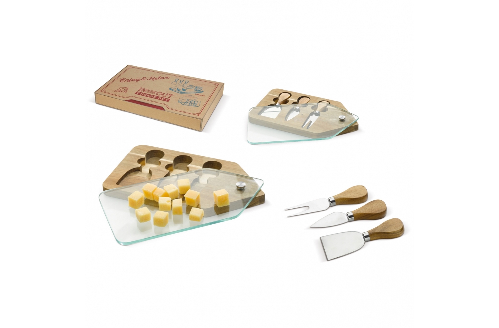Käseplatte aus Akazienholz mit Schiebedeckel und Käsemessern Geschenkset - Großkirchheim