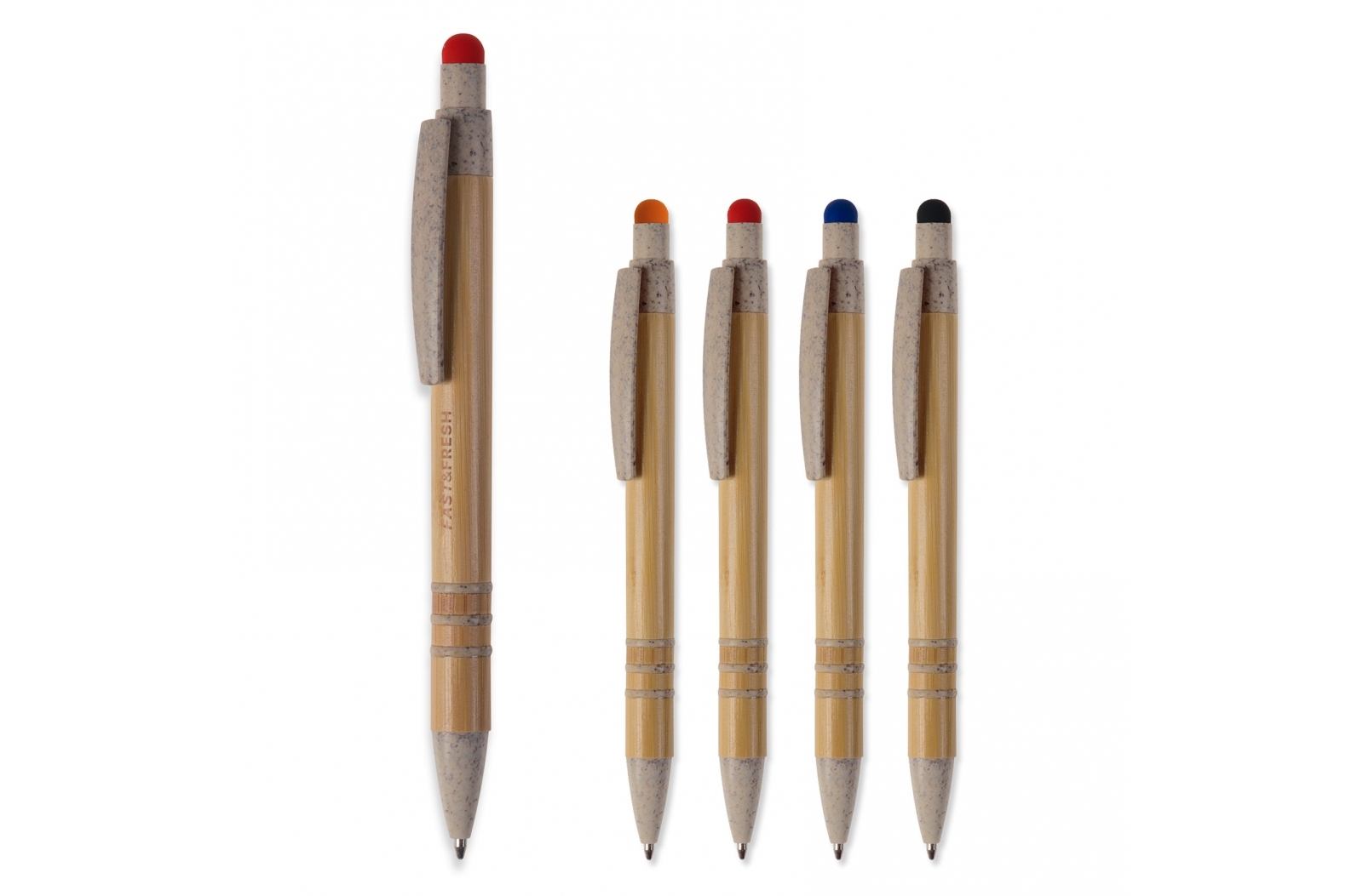 This is a ballpoint pen made from bamboo and wheat straw, which also features a stylus. - Farthingloe