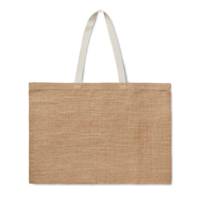 A shopping bag composed of laminated jute material, featuring a handle made of cotton, originating from Piddlehinton. - Zelah