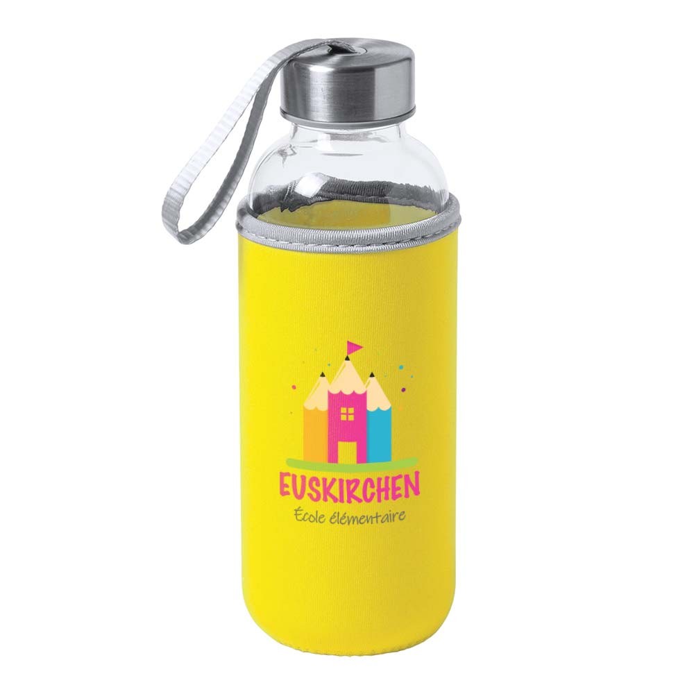 Glasflasche mit Tragegurt und Neoprenhülle - Schlitz