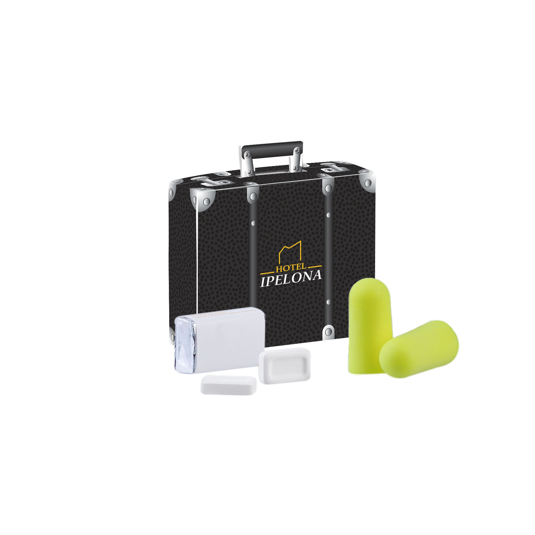 Yellow earplugs featuring noise cancellation properties, and peppermints, all packed in a suitcase. - Hollingworth