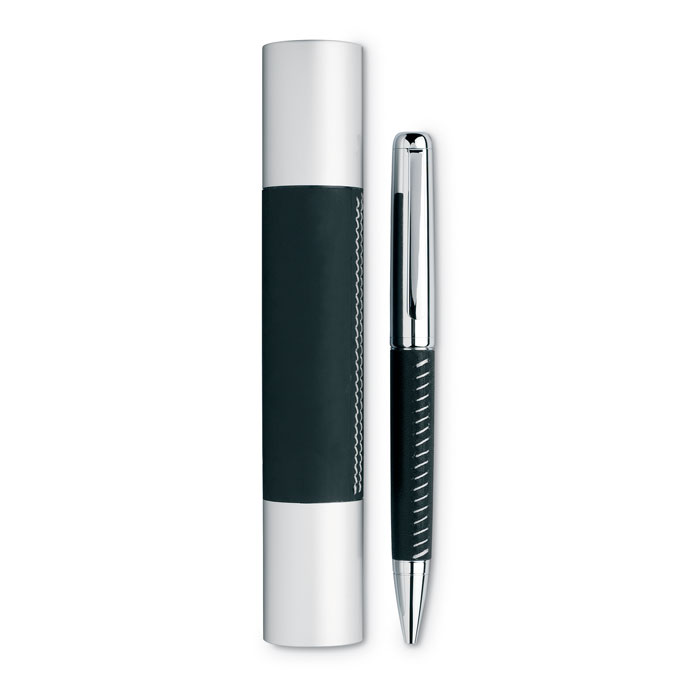 Kugelschreiber aus Metall mit silberner Chromoberfläche und PU-Lederapplikation - Michelstadt 