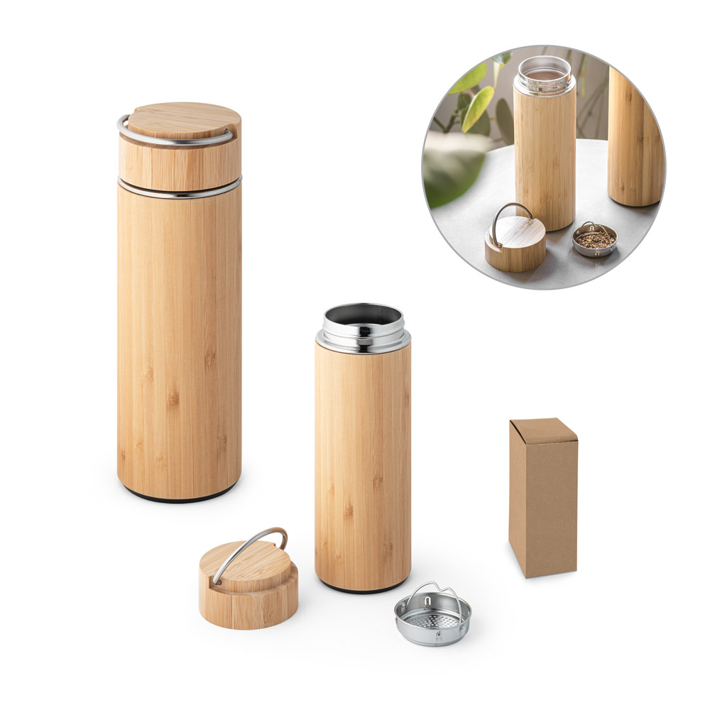 Bamboo and stainless steel thermal bottle with tea infuser - Cherhill - Royal Sutton Coldfield
